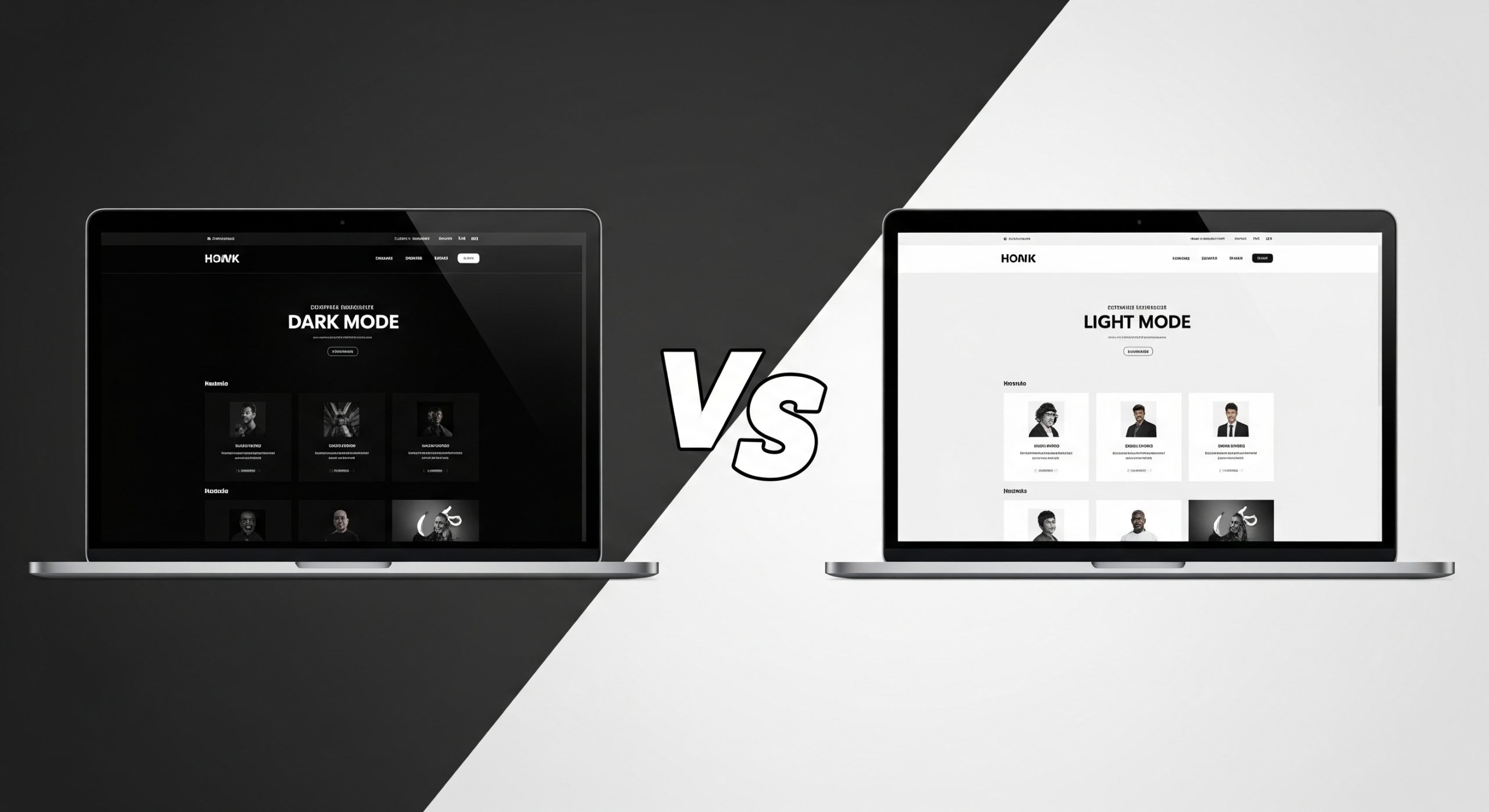 a laptop with a dark website and a laptop with a light website to represent the argument between the two different modes