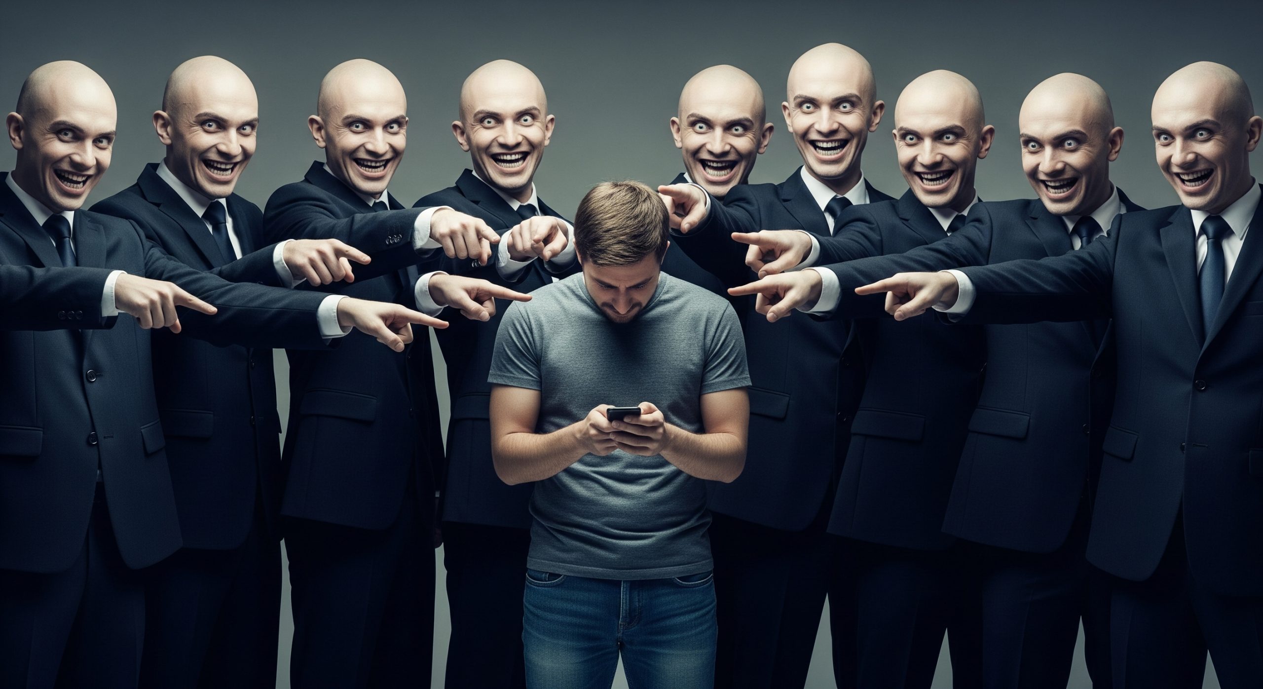 sinister and evil looking business men that are all bauld pointing at a man in the centre that is on his phone, potentially made to feel ashamed.