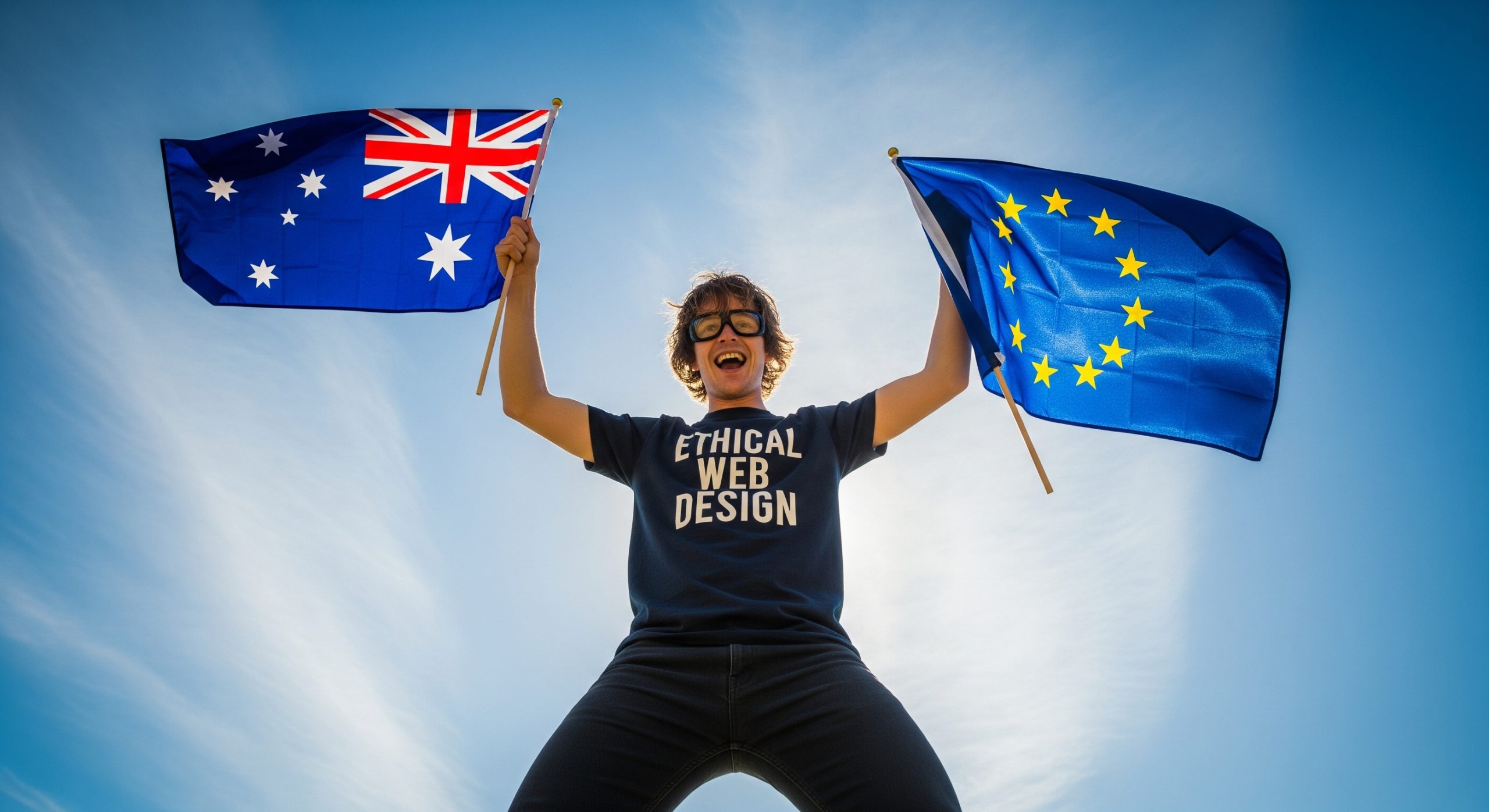 a man holding two flags, australia and EU as these are places that help protect against dark pattern sneak into basket