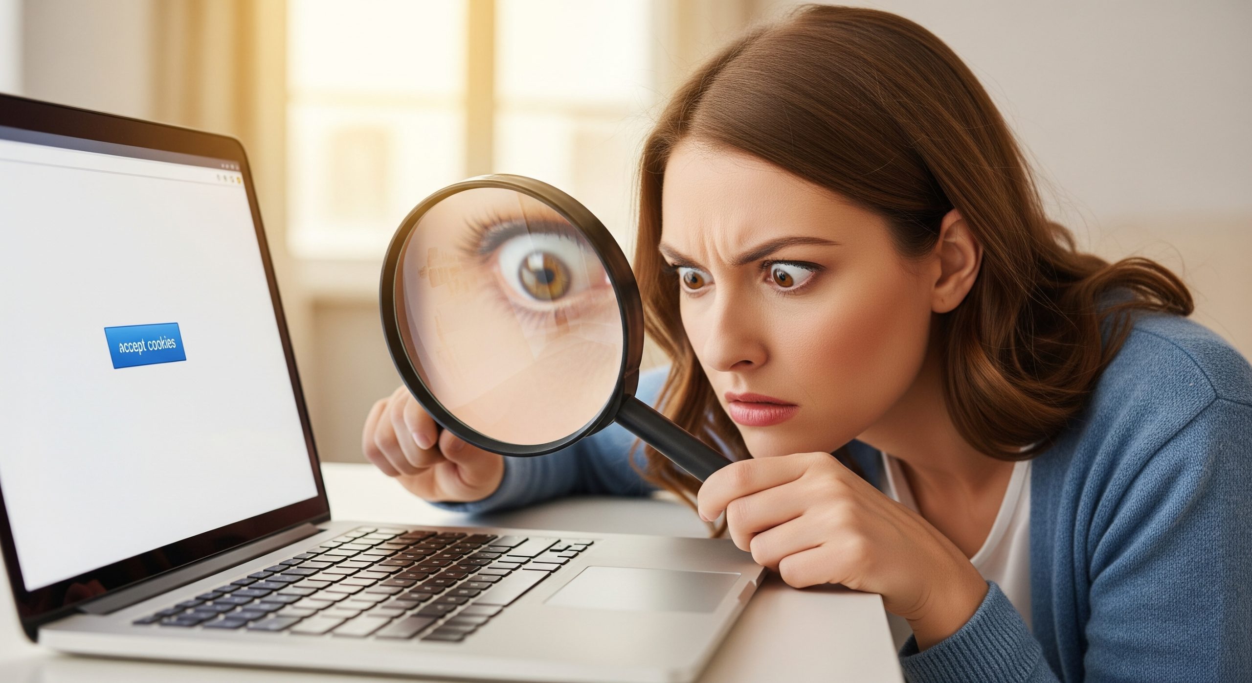Identifying dark pattern confirm shaming , a woman looking at a laptop through a magnifying glass with the word accept cookies on the screen