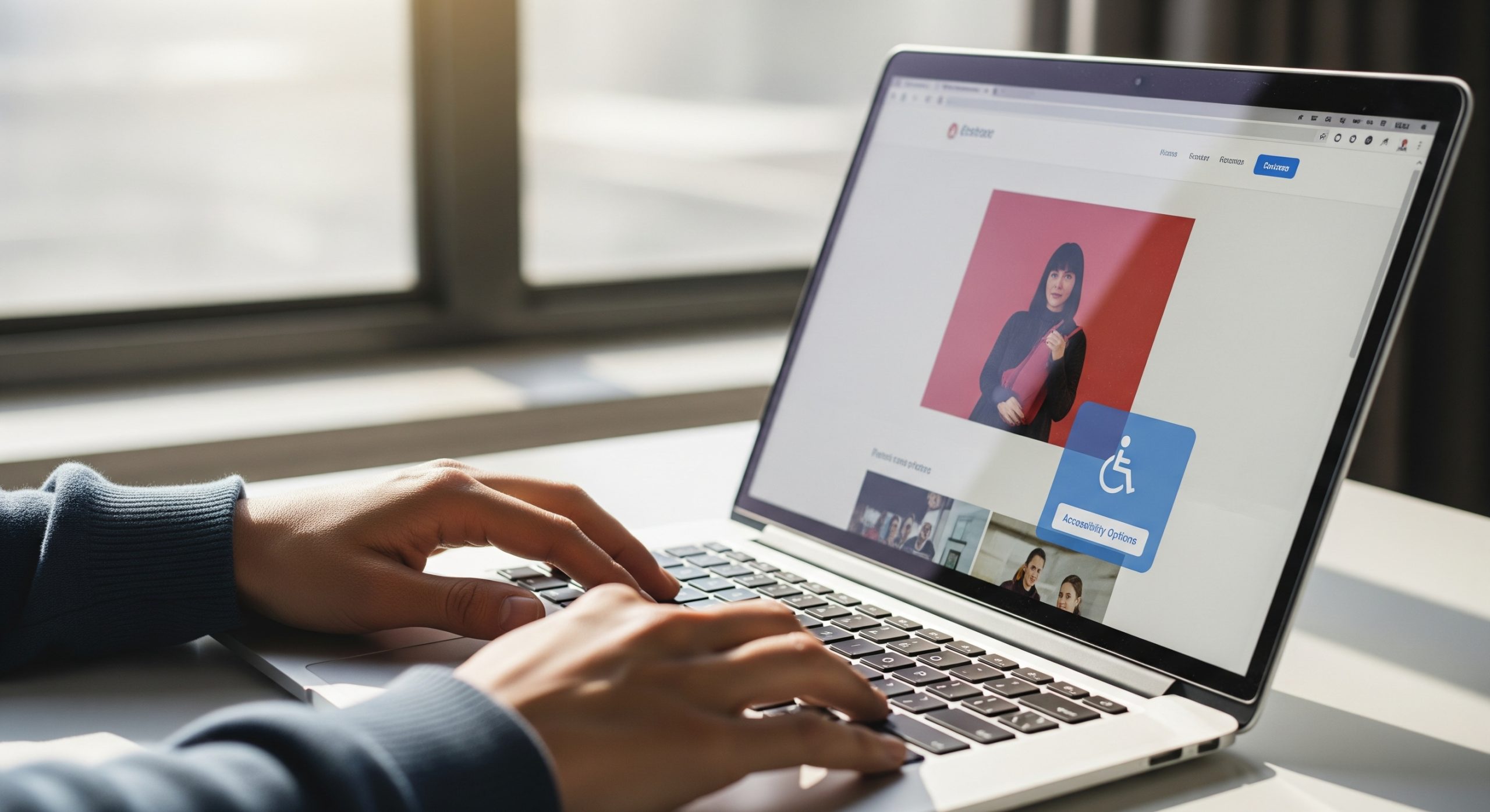 Accessibility overlays button in the corner of a website, a persons hands on the keyboard of the laptop