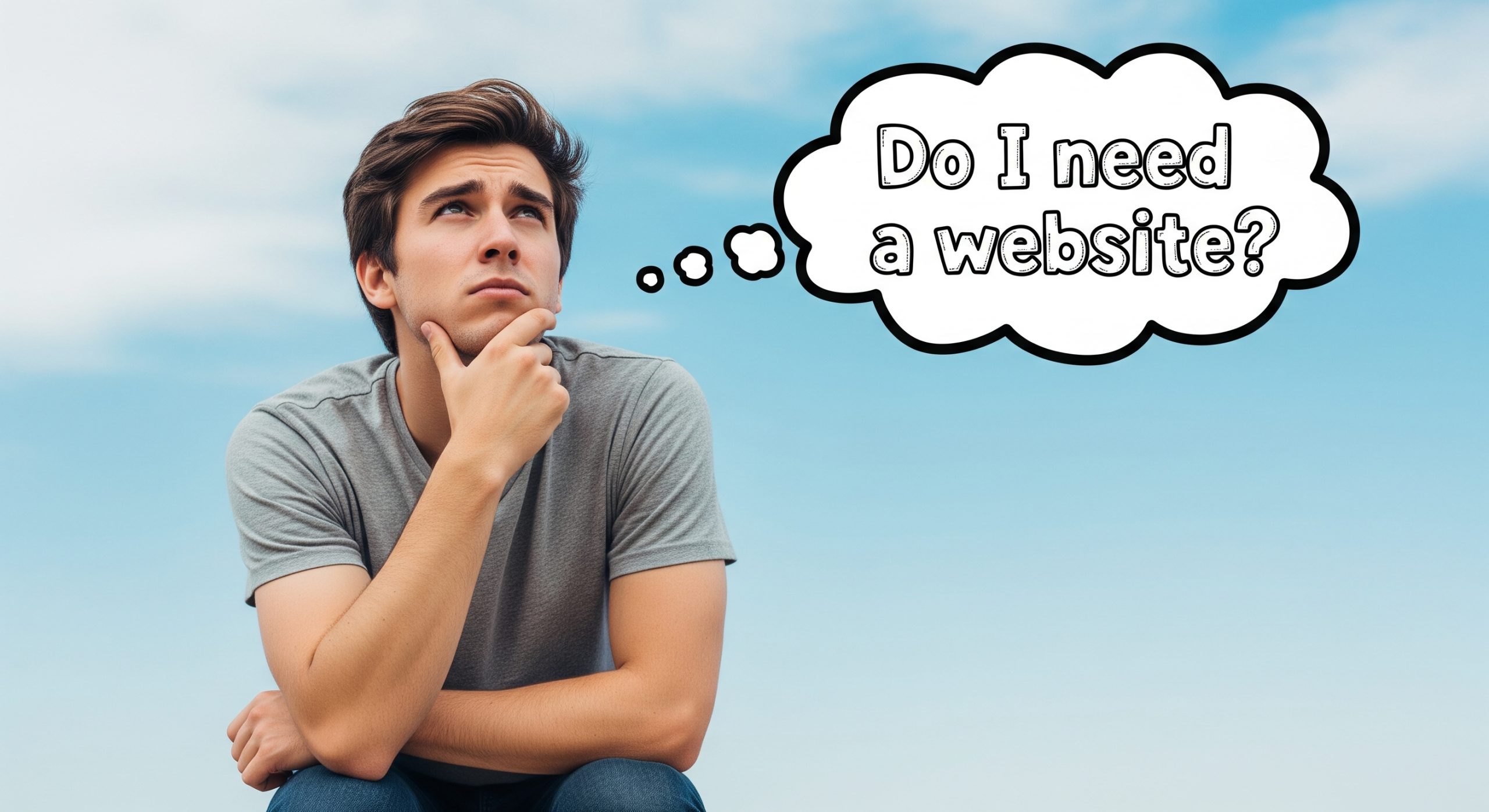 a man with his hand on his chin deep in thought with a thought bubble that says 'do i need a website?'