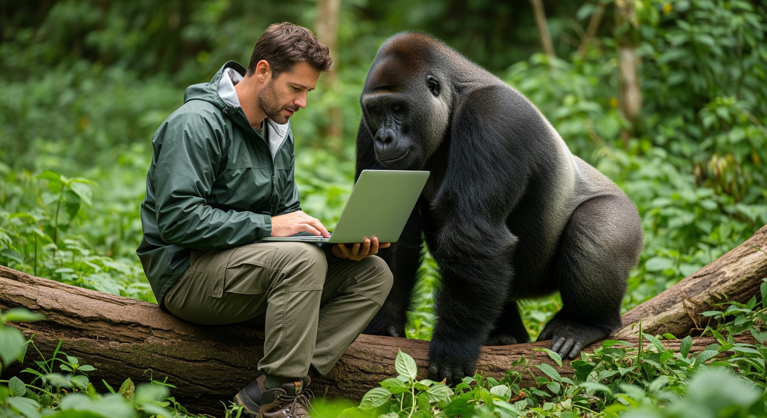 a man and a gorilla in a jungle both looking at a laptop. This is to represent getting found online in an abstract way. When youre in a jungle trying to get found by others, you may ask do I really need a website for my new business?