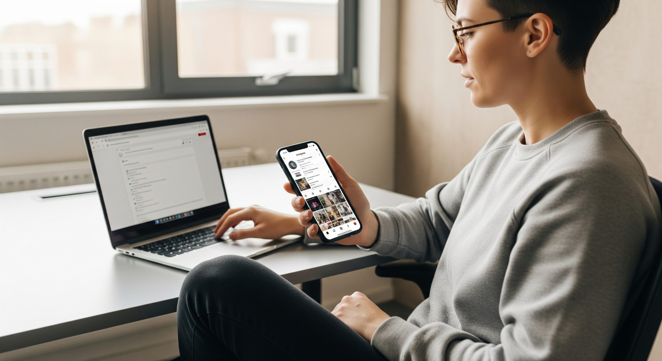 a woman looking at her social media on her phone whilst sitting at a laptop